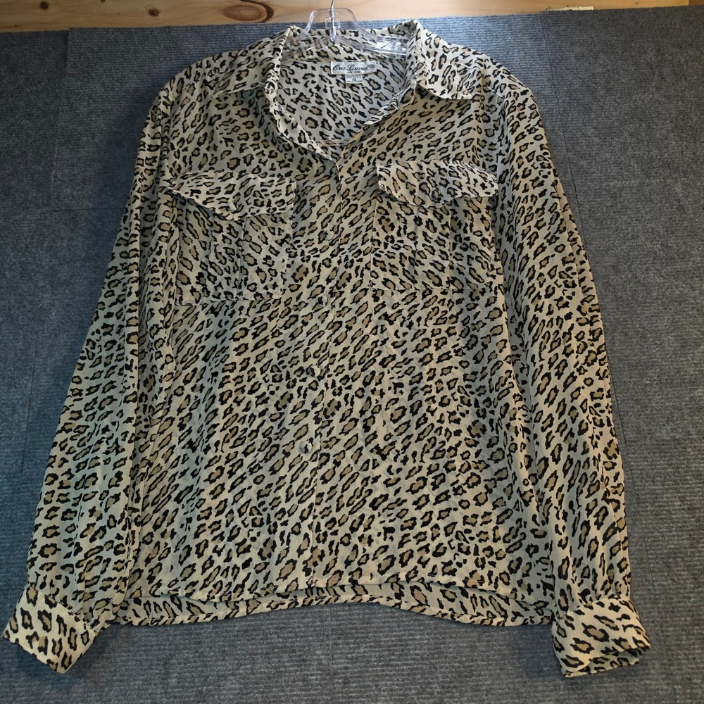 Eva Laurel Leopard Print Blouse Womens 10 Tan Excellent Vintage 90s Button Up